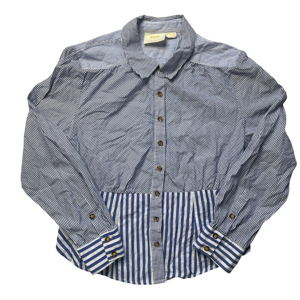 Anthropologie Maeve Blue Stripe Button Up Top Sz 8 Coastal Neutral Cotton
